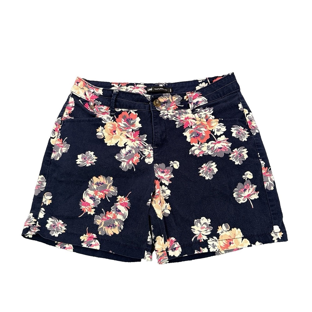 Lee Natural Fit Shorts Women 4 Medium Navy Floral 5.5" Inseam Pockets Stretch